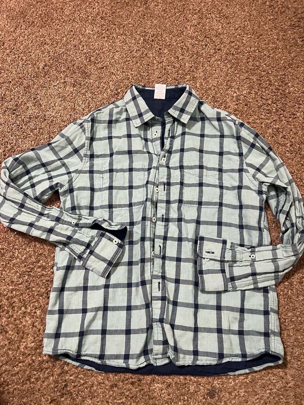 Goodfellow & Co Men's Green and Navy Plaid Long Sleeve Button-Up Shirt